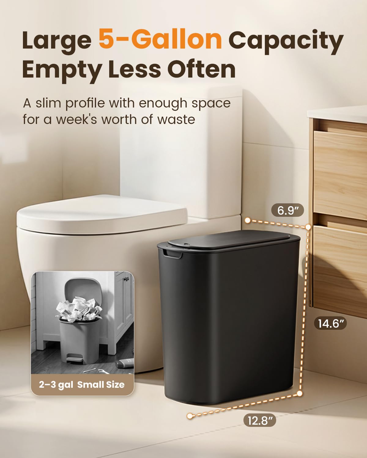 5 Gallon Automatic Bathroom Trash Can with Lid, White, Touchless