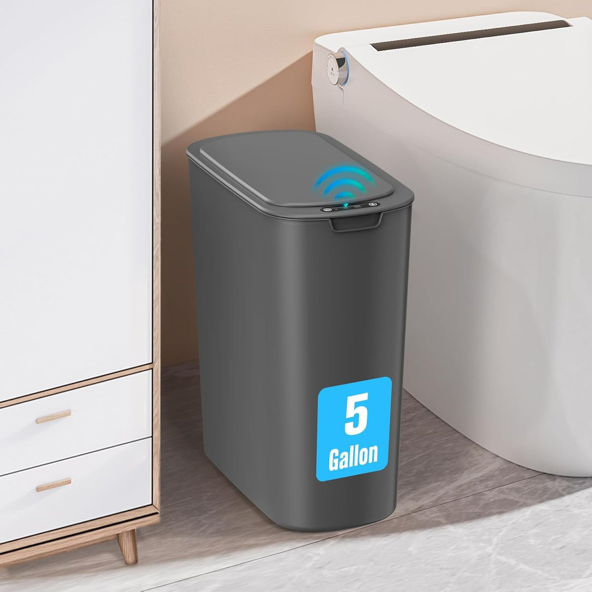 5 Gallon Automatic Bathroom Trash Can with Lid, White, Touchless