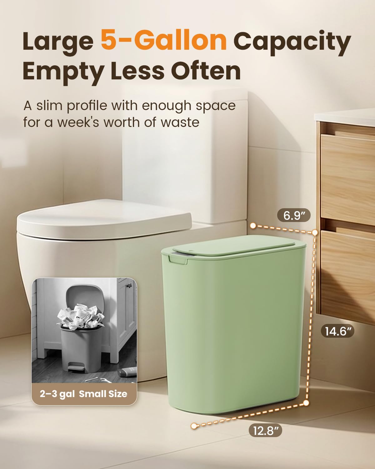 5 Gallon Automatic Bathroom Trash Can with Lid, White, Touchless