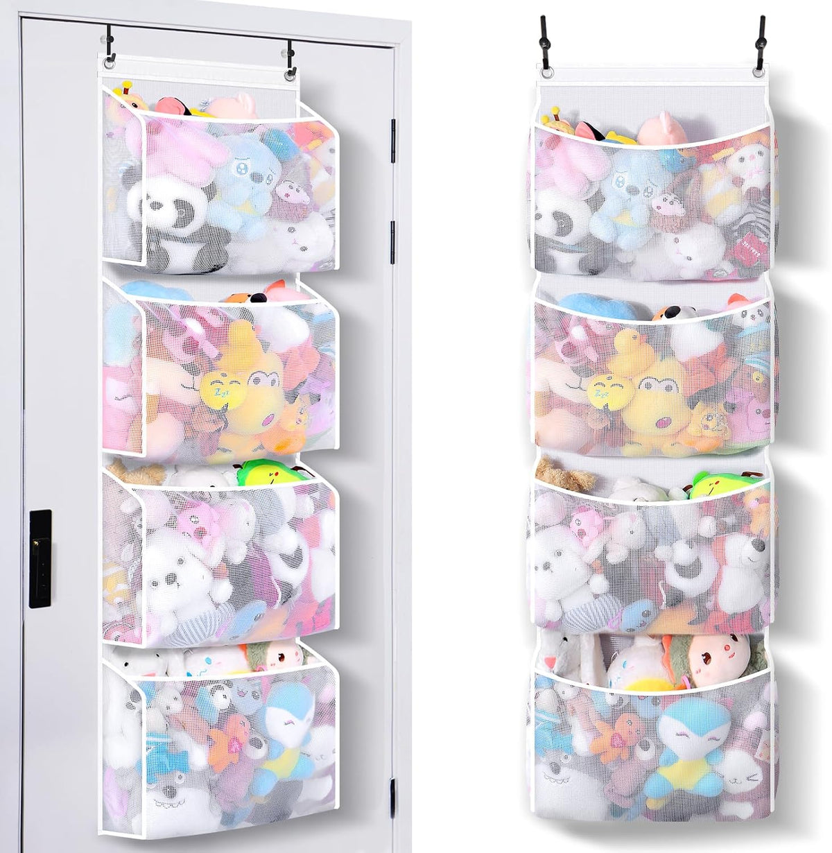Over the Door Stuffed Animal Organizer (2-pack) Innovative patented design Adjustable hooks, 3D over door stuffed animal storage, 50% more capacity, ideal for plush organizers.