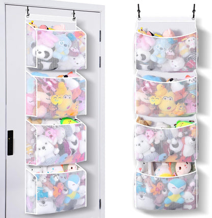 Over the Door Stuffed Animal Organizer (2-pack) Innovative patented design Adjustable hooks, 3D over door stuffed animal storage, 50% more capacity, ideal for plush organizers.