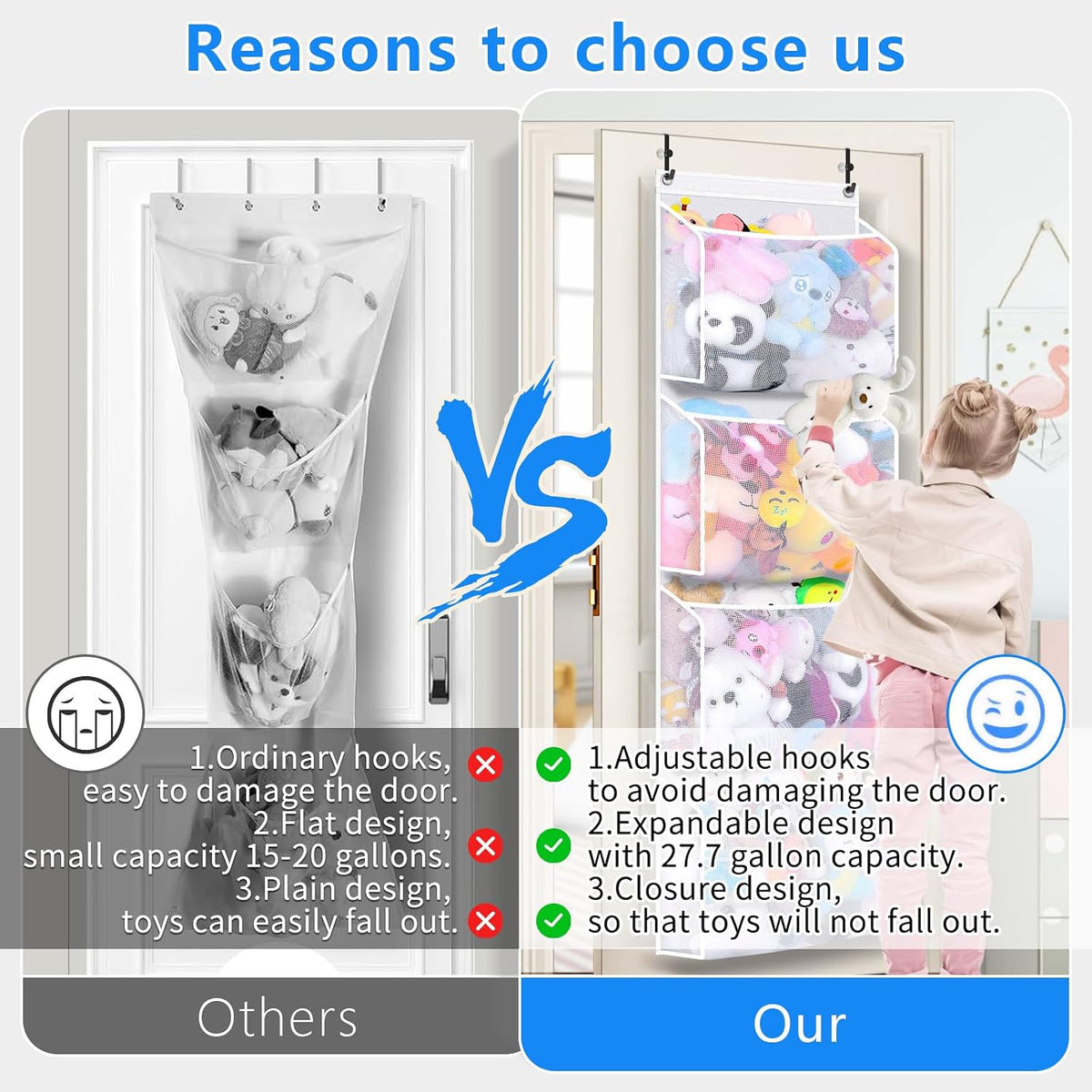 Over the Door Stuffed Animal Organizer (2-pack) Innovative patented design Adjustable hooks, 3D over door stuffed animal storage, 50% more capacity, ideal for plush organizers.