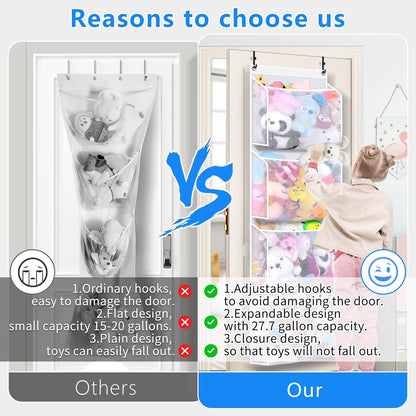 Over the Door Stuffed Animal Organizer (2-pack) Innovative patented design Adjustable hooks, 3D over door stuffed animal storage, 50% more capacity, ideal for plush organizers.
