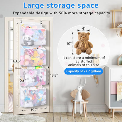 Over the Door Stuffed Animal Organizer (2-pack) Innovative patented design Adjustable hooks, 3D over door stuffed animal storage, 50% more capacity, ideal for plush organizers.