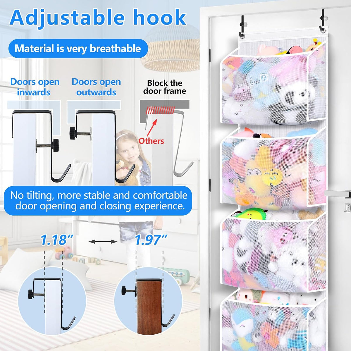 Over the Door Stuffed Animal Organizer (2-pack) Innovative patented design Adjustable hooks, 3D over door stuffed animal storage, 50% more capacity, ideal for plush organizers.