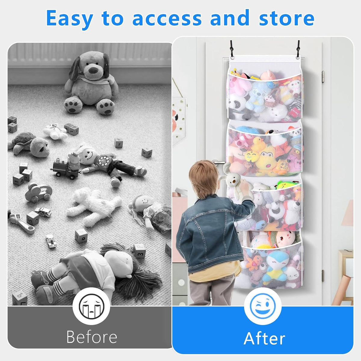 Over the Door Stuffed Animal Organizer (2-pack) Innovative patented design Adjustable hooks, 3D over door stuffed animal storage, 50% more capacity, ideal for plush organizers.