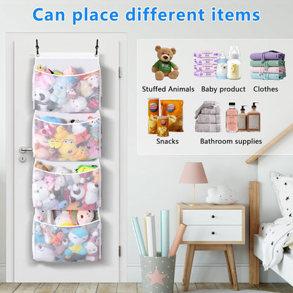 Over the Door Stuffed Animal Organizer (2-pack) Innovative patented design Adjustable hooks, 3D over door stuffed animal storage, 50% more capacity, ideal for plush organizers.