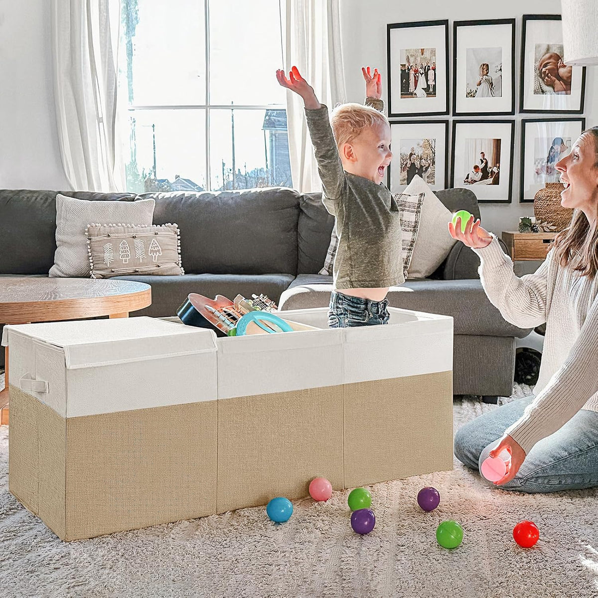 85L Large Toy Storage Box with Lid & Dividers, Grey & White