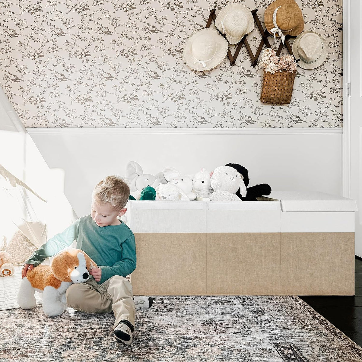 85L Large Toy Storage Box with Lid & Dividers, Grey & White