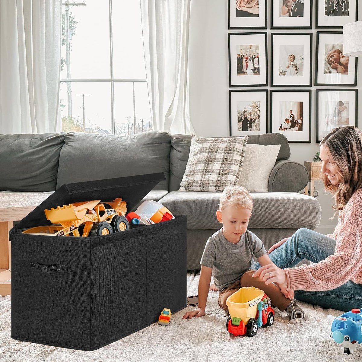 85L Large Toy Storage Box with Lid & Dividers, Grey & White