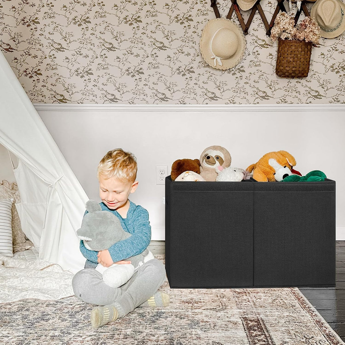 85L Large Toy Storage Box with Lid & Dividers, Grey & White