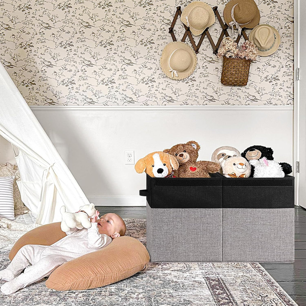 85L Large Toy Storage Box with Lid & Dividers, Grey & White