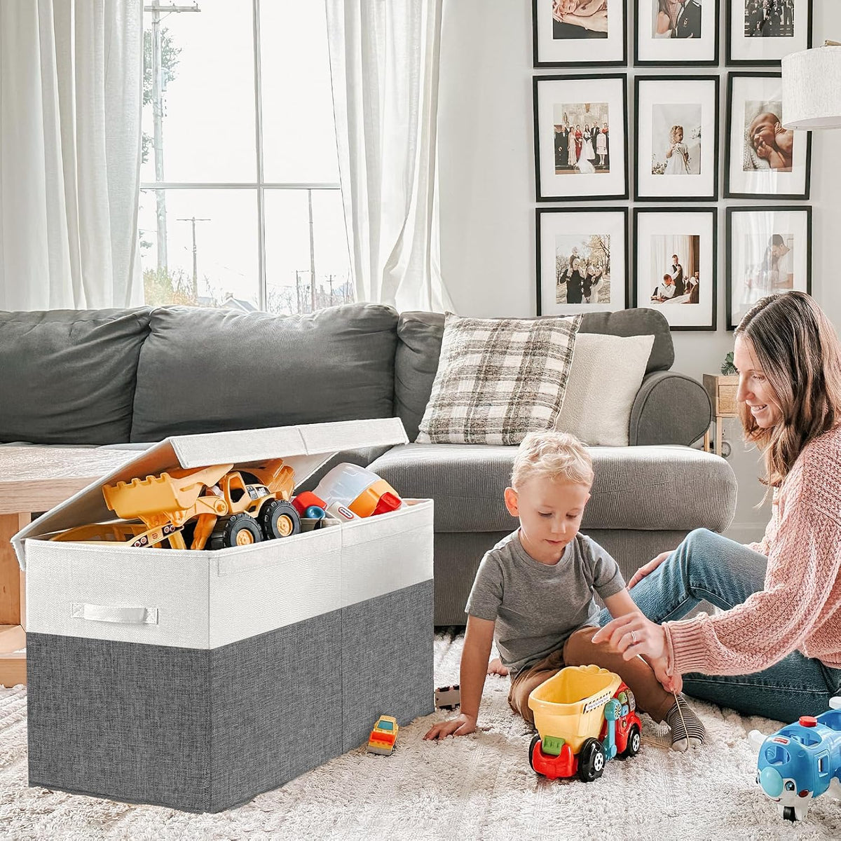 85L Large Toy Storage Box with Lid & Dividers, Grey & White