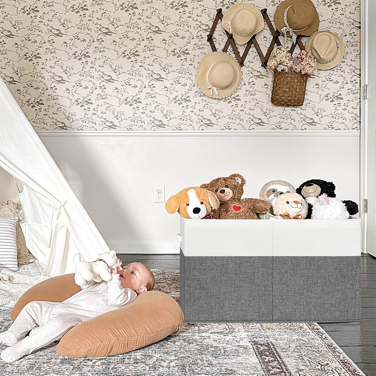 85L Large Toy Storage Box with Lid & Dividers, Grey & White
