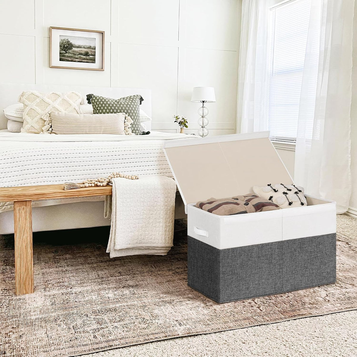 85L Large Toy Storage Box with Lid & Dividers, Grey & White