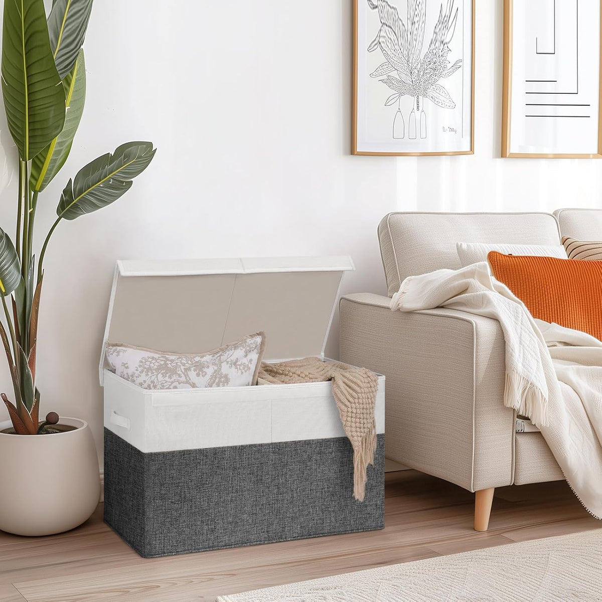 85L Large Toy Storage Box with Lid & Dividers, Grey & White