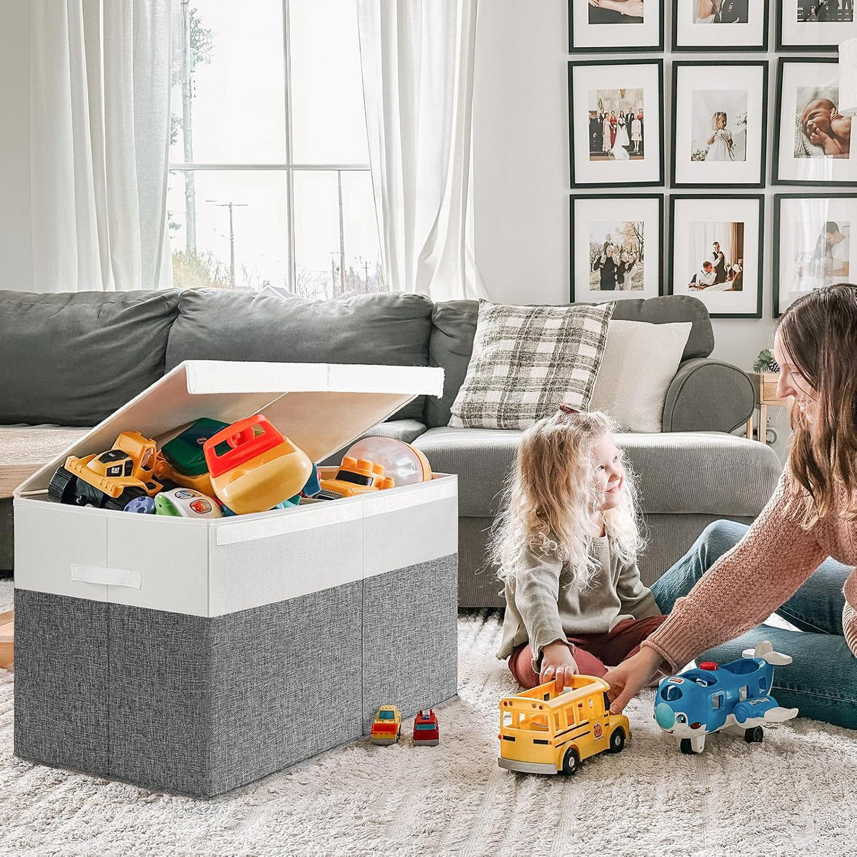 85L Large Toy Storage Box with Lid & Dividers, Grey & White