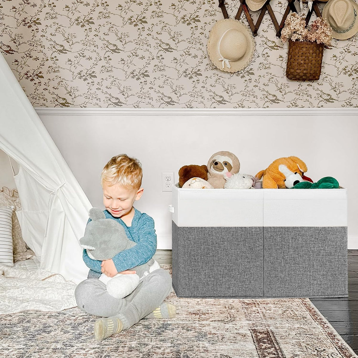 85L Large Toy Storage Box with Lid & Dividers, Grey & White