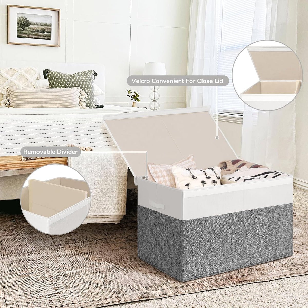 85L Large Toy Storage Box with Lid & Dividers, Grey & White