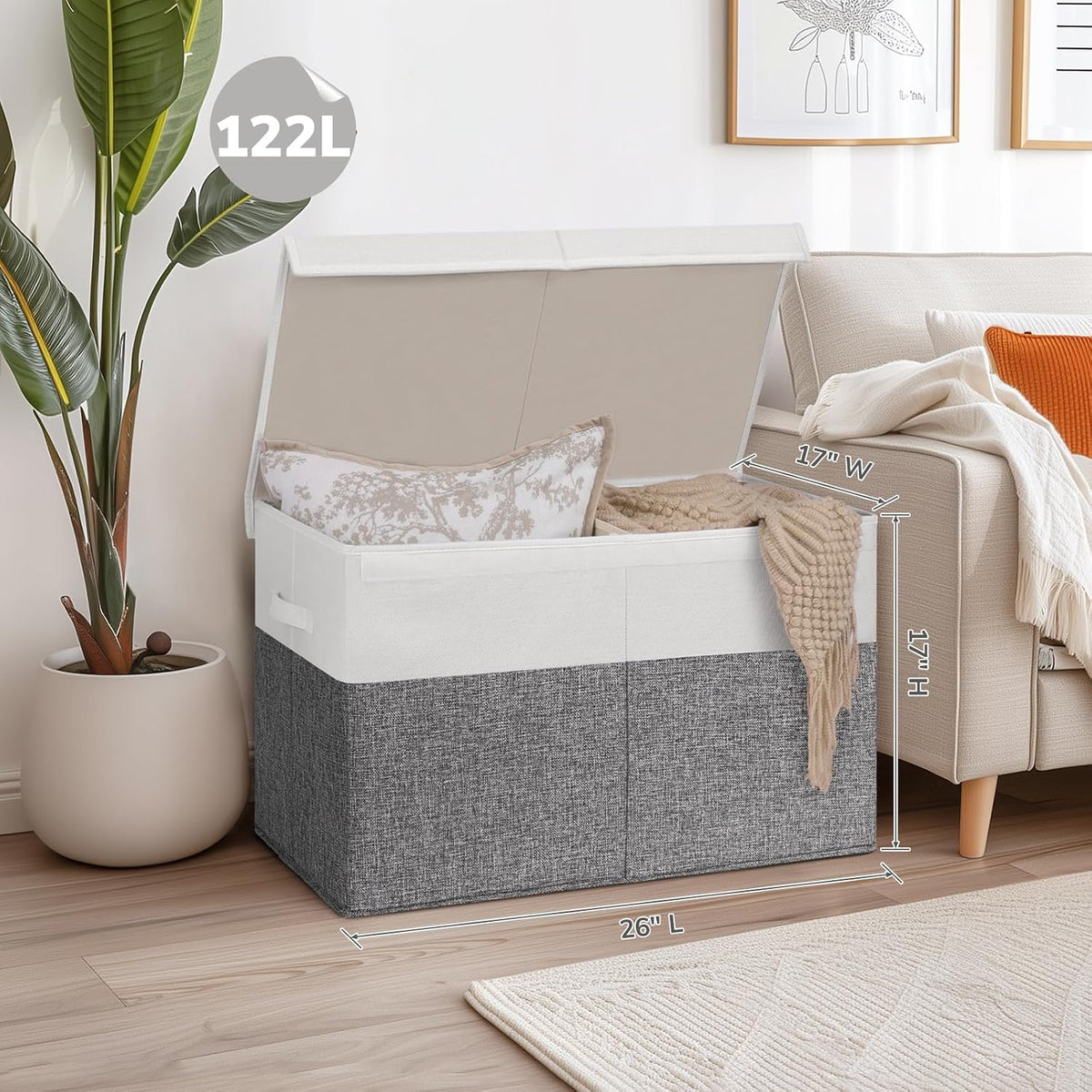 85L Large Toy Storage Box with Lid & Dividers, Grey & White