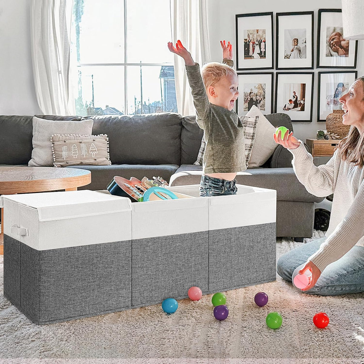 85L Large Toy Storage Box with Lid & Dividers, Grey & White