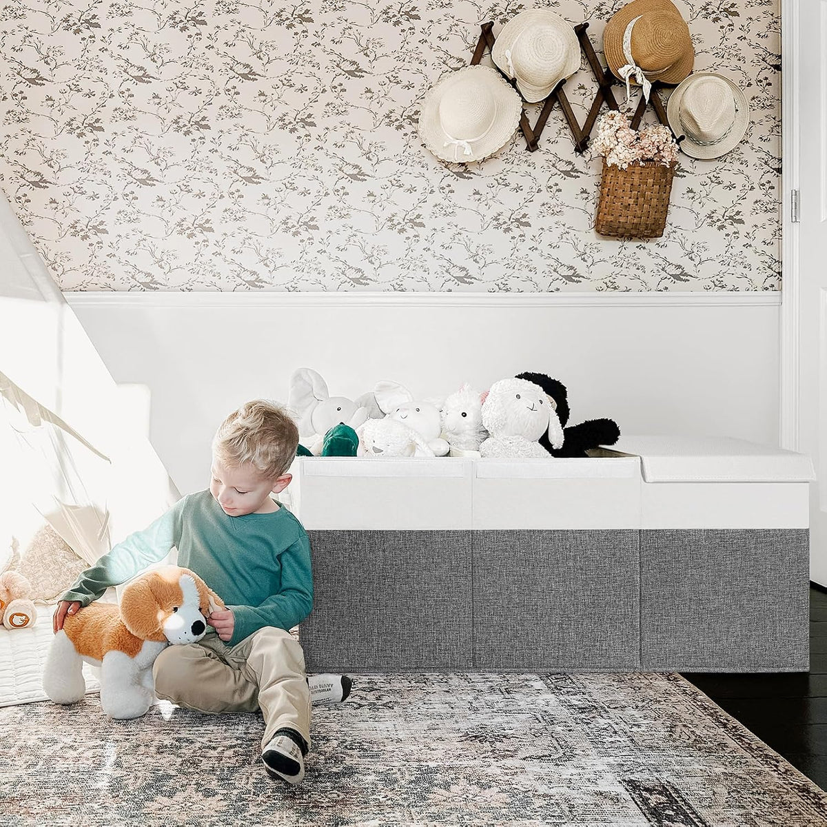 85L Large Toy Storage Box with Lid & Dividers, Grey & White