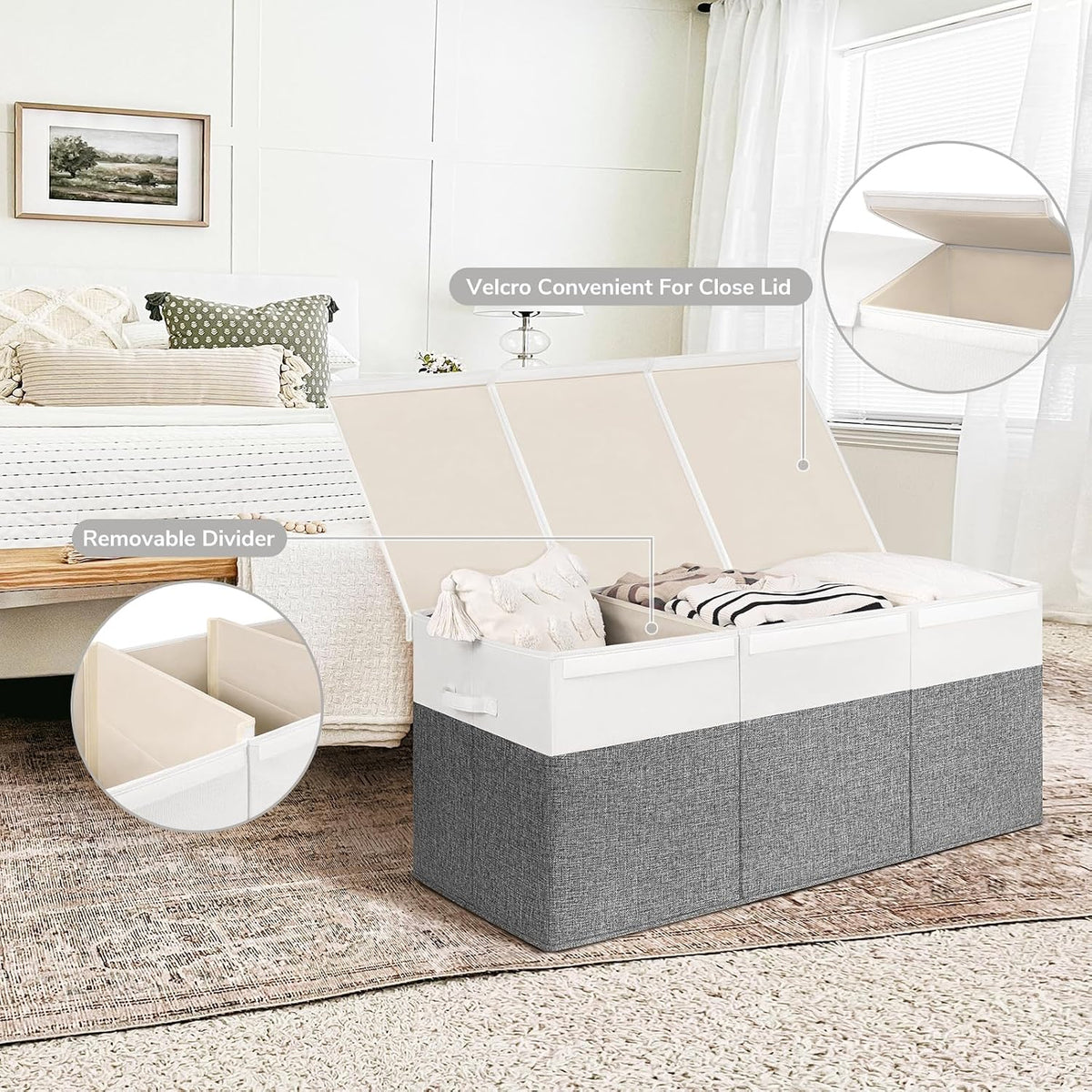 85L Large Toy Storage Box with Lid & Dividers, Grey & White