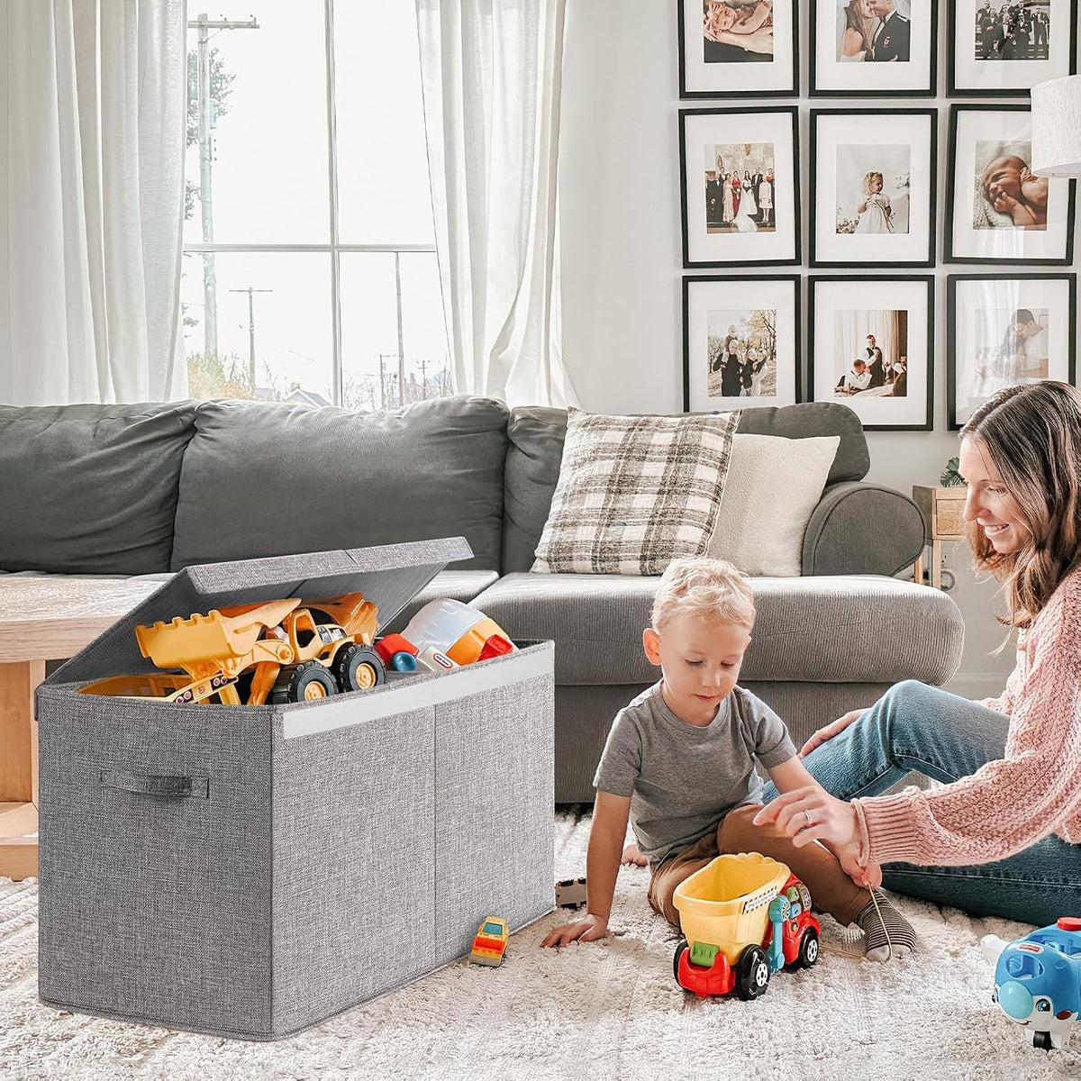 85L Large Toy Storage Box with Lid & Dividers, Grey & White
