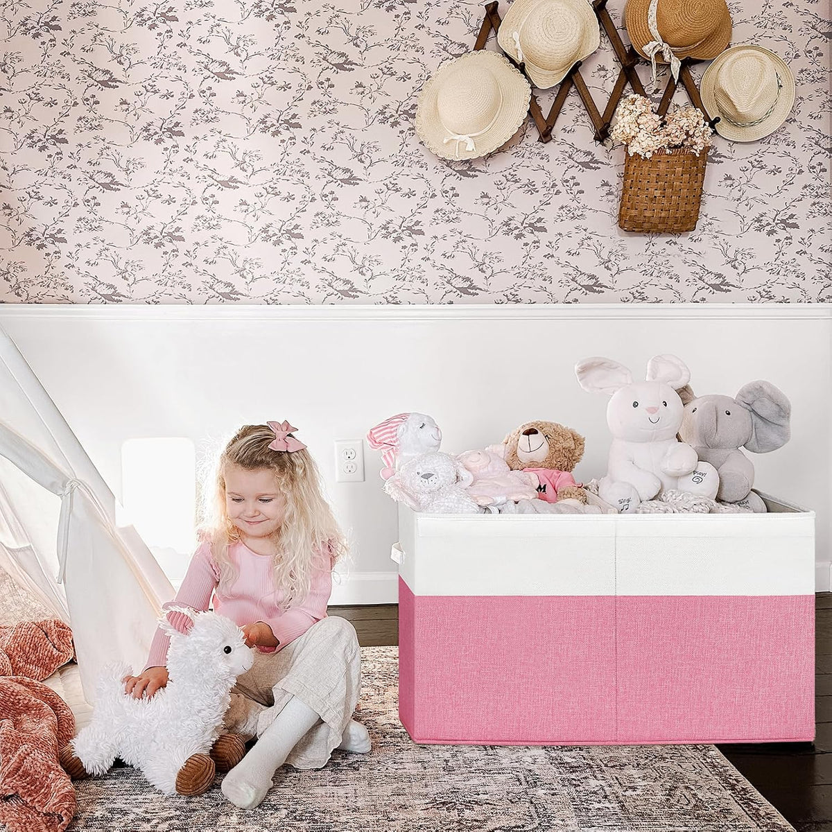 85L Large Toy Storage Box with Lid & Dividers, Grey & White