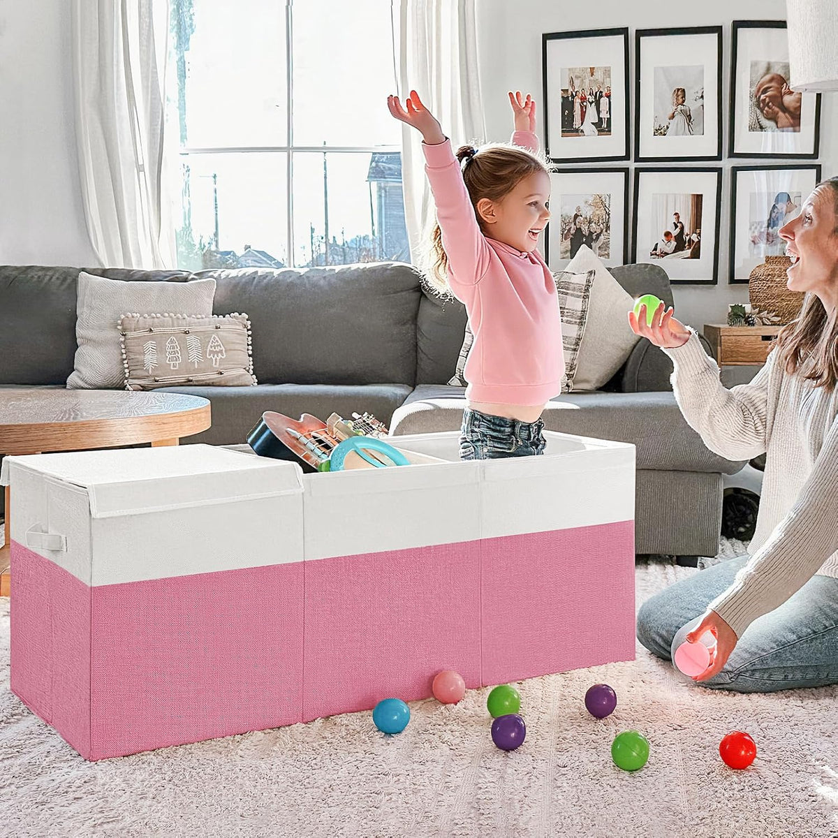 85L Large Toy Storage Box with Lid & Dividers, Grey & White