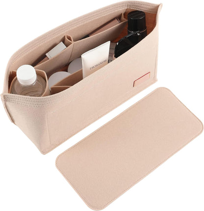 Purse Organizer Insert for Handbags & Base Shaper 2pc Set, Felt Neverfull MM Organizer Insert, Tote Bag Organizer with Zipper Pocket and Bottle Holder, Fit Speedy 30 Neverfull MM and More,Beige-L