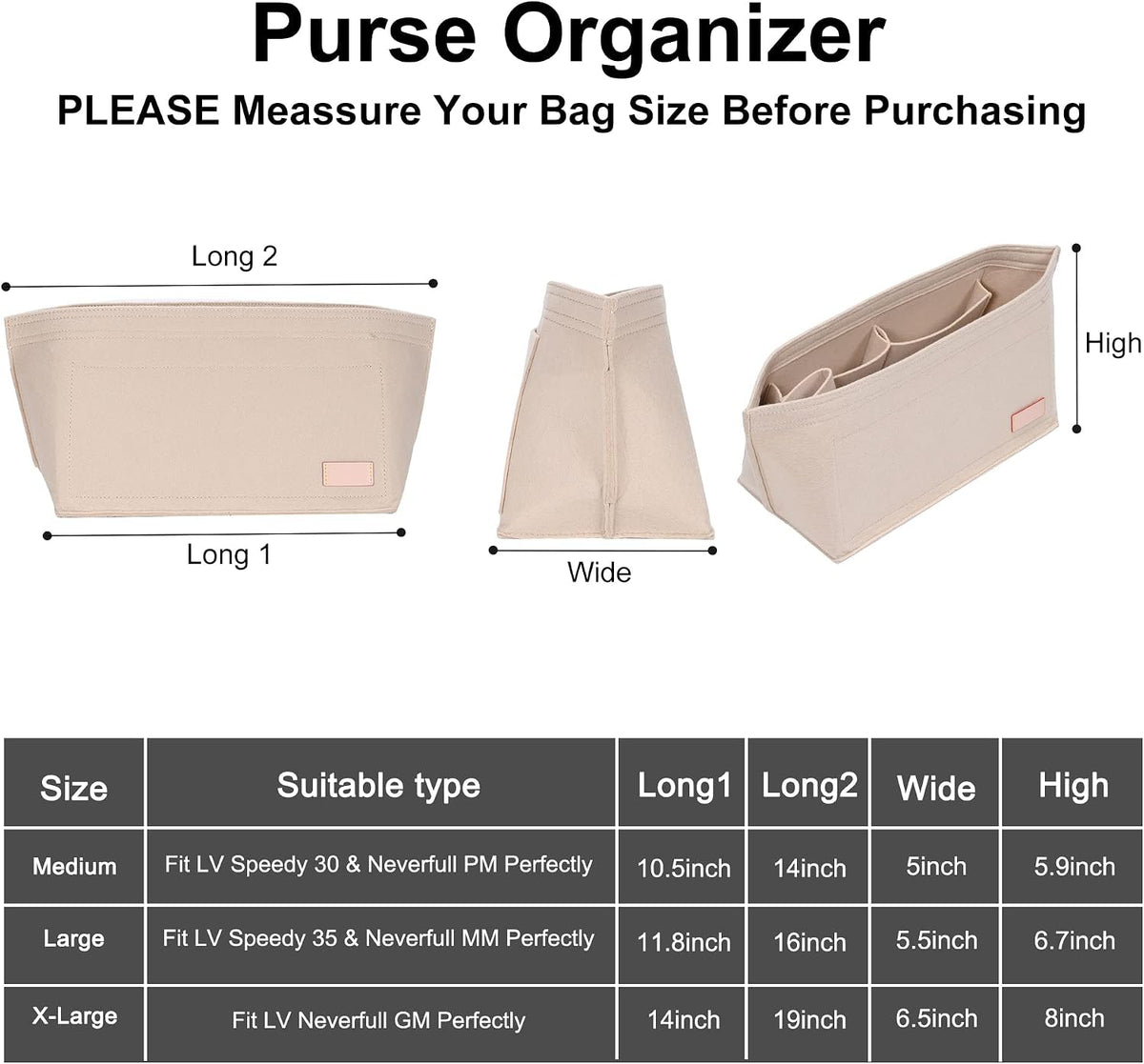 Purse Organizer Insert for Handbags & Base Shaper 2pc Set, Felt Neverfull MM Organizer Insert, Tote Bag Organizer with Zipper Pocket and Bottle Holder, Fit Speedy 30 Neverfull MM and More,Beige-L