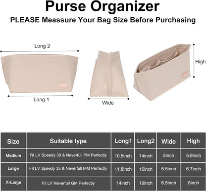 Purse Organizer Insert for Handbags & Base Shaper 2pc Set, Felt Neverfull MM Organizer Insert, Tote Bag Organizer with Zipper Pocket and Bottle Holder, Fit Speedy 30 Neverfull MM and More,Beige-L