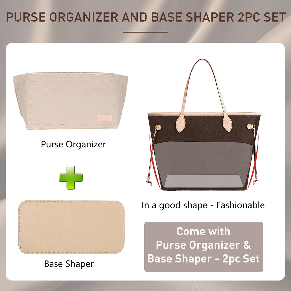 Purse Organizer Insert for Handbags & Base Shaper 2pc Set, Felt Neverfull MM Organizer Insert, Tote Bag Organizer with Zipper Pocket and Bottle Holder, Fit Speedy 30 Neverfull MM and More,Beige-L