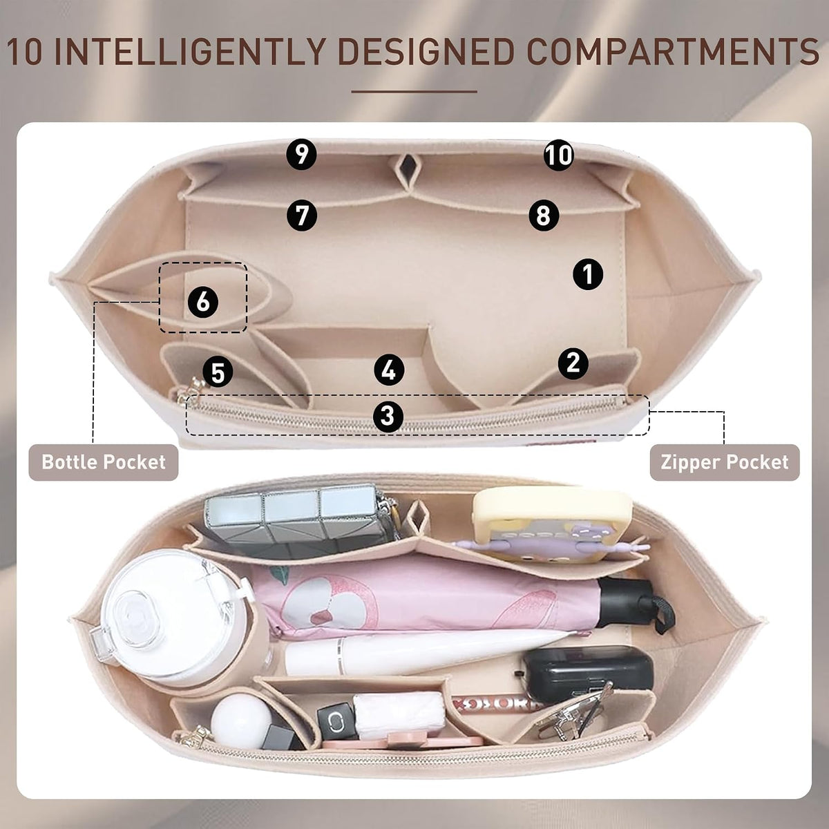 Purse Organizer Insert for Handbags & Base Shaper 2pc Set, Felt Neverfull MM Organizer Insert, Tote Bag Organizer with Zipper Pocket and Bottle Holder, Fit Speedy 30 Neverfull MM and More,Beige-L