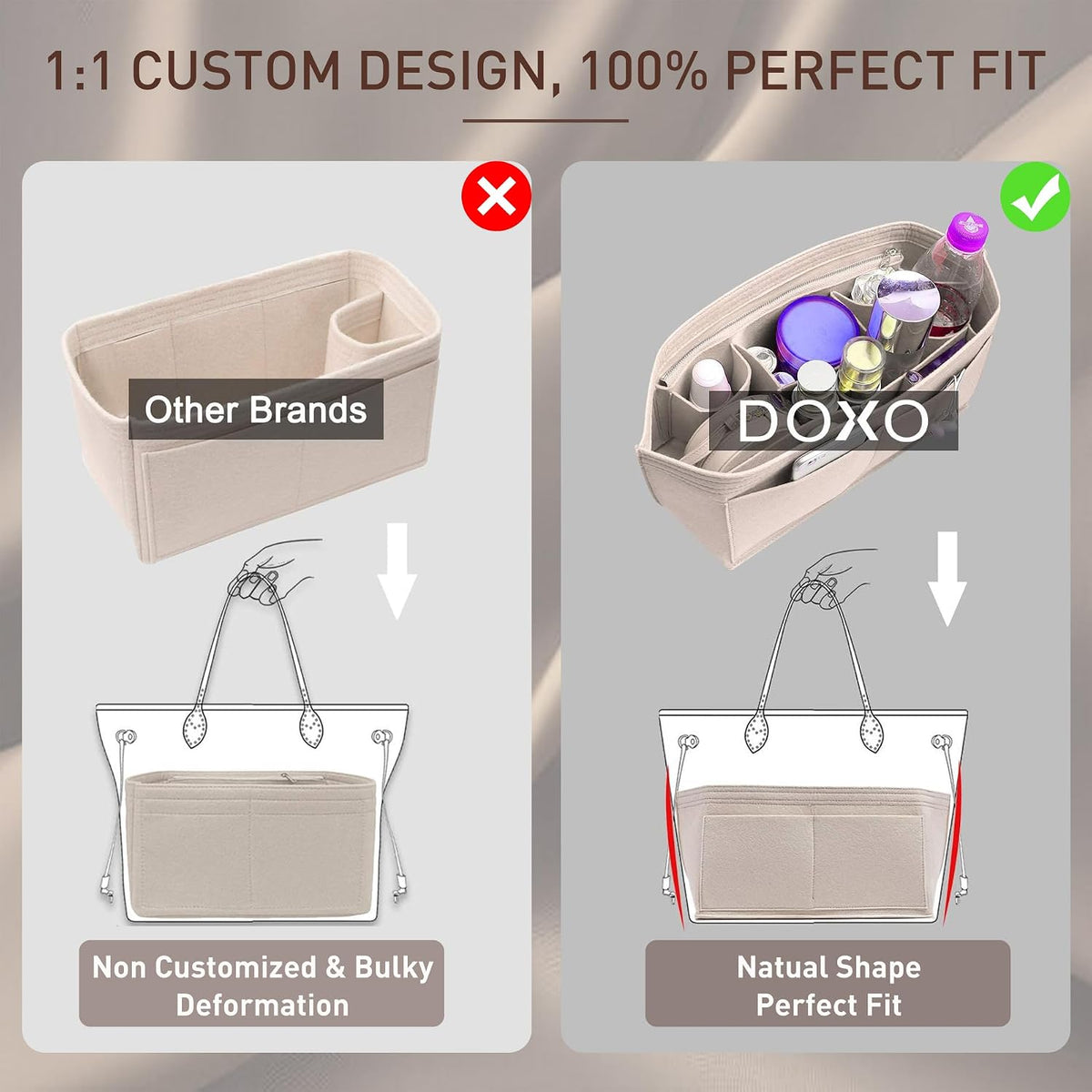 Purse Organizer Insert for Handbags & Base Shaper 2pc Set, Felt Neverfull MM Organizer Insert, Tote Bag Organizer with Zipper Pocket and Bottle Holder, Fit Speedy 30 Neverfull MM and More,Beige-L