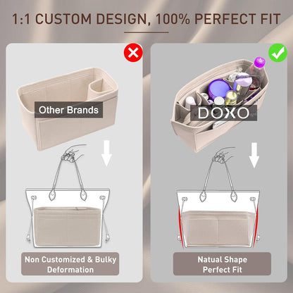 Purse Organizer Insert for Handbags & Base Shaper 2pc Set, Felt Neverfull MM Organizer Insert, Tote Bag Organizer with Zipper Pocket and Bottle Holder, Fit Speedy 30 Neverfull MM and More,Beige-L