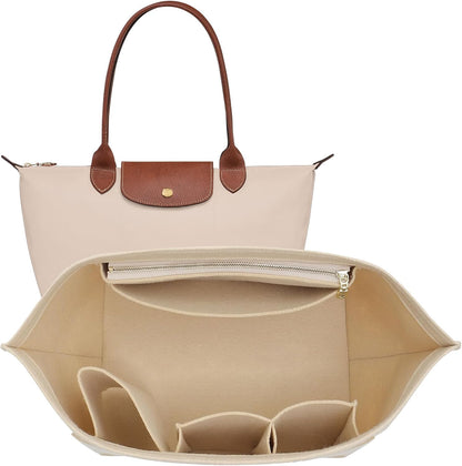 Purse Organizer Insert for Handbags & Base Shaper 2pc Set, Felt Neverfull MM Organizer Insert, Tote Bag Organizer with Zipper Pocket and Bottle Holder, Fit Speedy 30 Neverfull MM and More,Beige-L