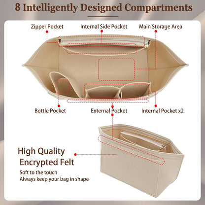 Purse Organizer Insert for Handbags & Base Shaper 2pc Set, Felt Neverfull MM Organizer Insert, Tote Bag Organizer with Zipper Pocket and Bottle Holder, Fit Speedy 30 Neverfull MM and More,Beige-L