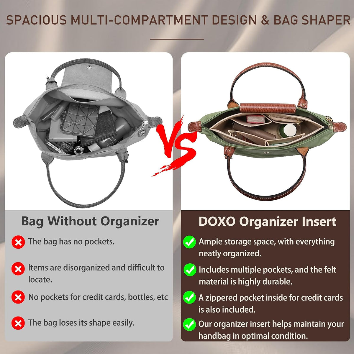 Purse Organizer Insert for Handbags & Base Shaper 2pc Set, Felt Neverfull MM Organizer Insert, Tote Bag Organizer with Zipper Pocket and Bottle Holder, Fit Speedy 30 Neverfull MM and More,Beige-L