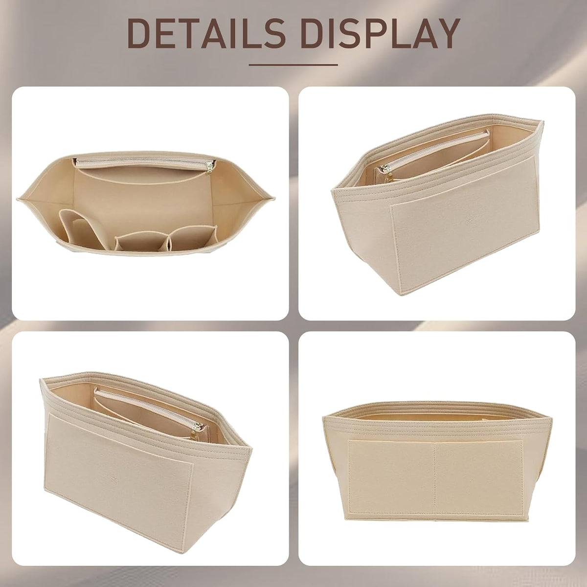 Purse Organizer Insert for Handbags & Base Shaper 2pc Set, Felt Neverfull MM Organizer Insert, Tote Bag Organizer with Zipper Pocket and Bottle Holder, Fit Speedy 30 Neverfull MM and More,Beige-L