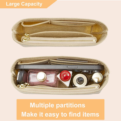 Purse Organizer Insert for Handbags & Base Shaper 2pc Set, Felt Neverfull MM Organizer Insert, Tote Bag Organizer with Zipper Pocket and Bottle Holder, Fit Speedy 30 Neverfull MM and More,Beige-L