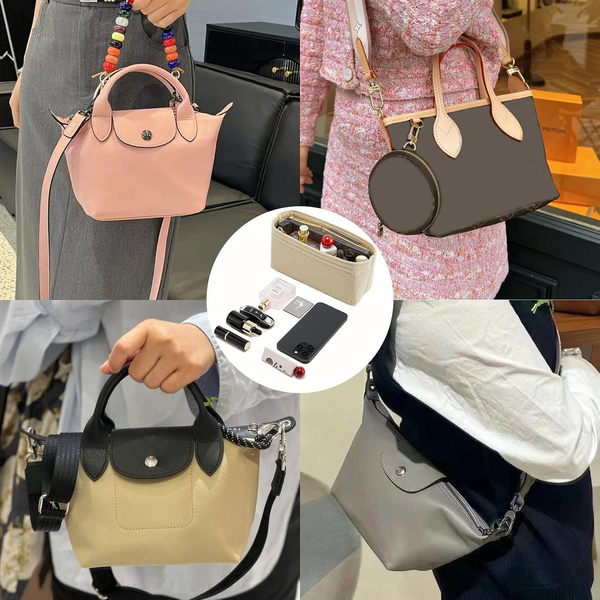 Purse Organizer Insert for Handbags & Base Shaper 2pc Set, Felt Neverfull MM Organizer Insert, Tote Bag Organizer with Zipper Pocket and Bottle Holder, Fit Speedy 30 Neverfull MM and More,Beige-L