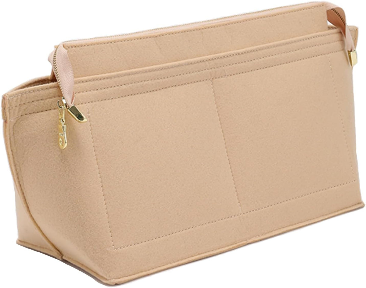 Purse Organizer Insert for Handbags & Base Shaper 2pc Set, Felt Neverfull MM Organizer Insert, Tote Bag Organizer with Zipper Pocket and Bottle Holder, Fit Speedy 30 Neverfull MM and More,Beige-L