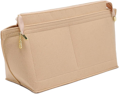 Purse Organizer Insert for Handbags & Base Shaper 2pc Set, Felt Neverfull MM Organizer Insert, Tote Bag Organizer with Zipper Pocket and Bottle Holder, Fit Speedy 30 Neverfull MM and More,Beige-L