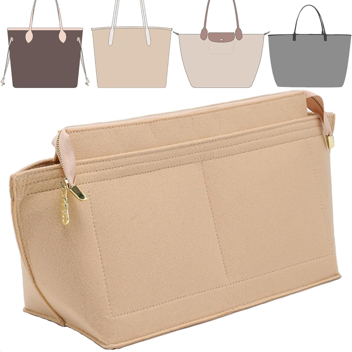 Purse Organizer Insert for Handbags & Base Shaper 2pc Set, Felt Neverfull MM Organizer Insert, Tote Bag Organizer with Zipper Pocket and Bottle Holder, Fit Speedy 30 Neverfull MM and More,Beige-L