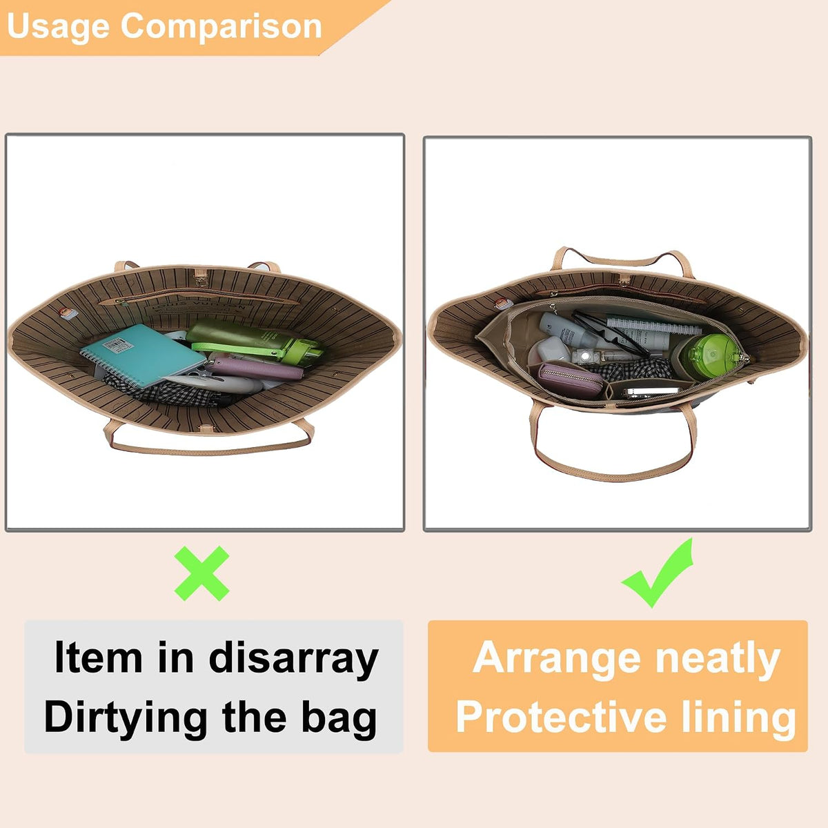 Purse Organizer Insert for Handbags & Base Shaper 2pc Set, Felt Neverfull MM Organizer Insert, Tote Bag Organizer with Zipper Pocket and Bottle Holder, Fit Speedy 30 Neverfull MM and More,Beige-L