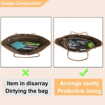 Purse Organizer Insert for Handbags & Base Shaper 2pc Set, Felt Neverfull MM Organizer Insert, Tote Bag Organizer with Zipper Pocket and Bottle Holder, Fit Speedy 30 Neverfull MM and More,Beige-L