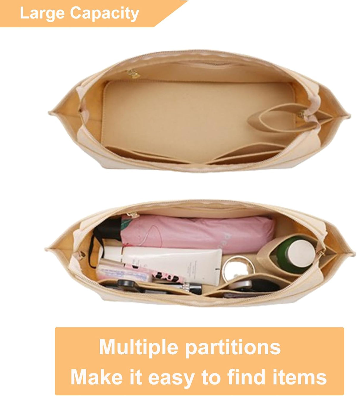 Purse Organizer Insert for Handbags & Base Shaper 2pc Set, Felt Neverfull MM Organizer Insert, Tote Bag Organizer with Zipper Pocket and Bottle Holder, Fit Speedy 30 Neverfull MM and More,Beige-L