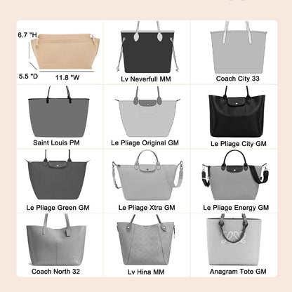 Purse Organizer Insert for Handbags & Base Shaper 2pc Set, Felt Neverfull MM Organizer Insert, Tote Bag Organizer with Zipper Pocket and Bottle Holder, Fit Speedy 30 Neverfull MM and More,Beige-L